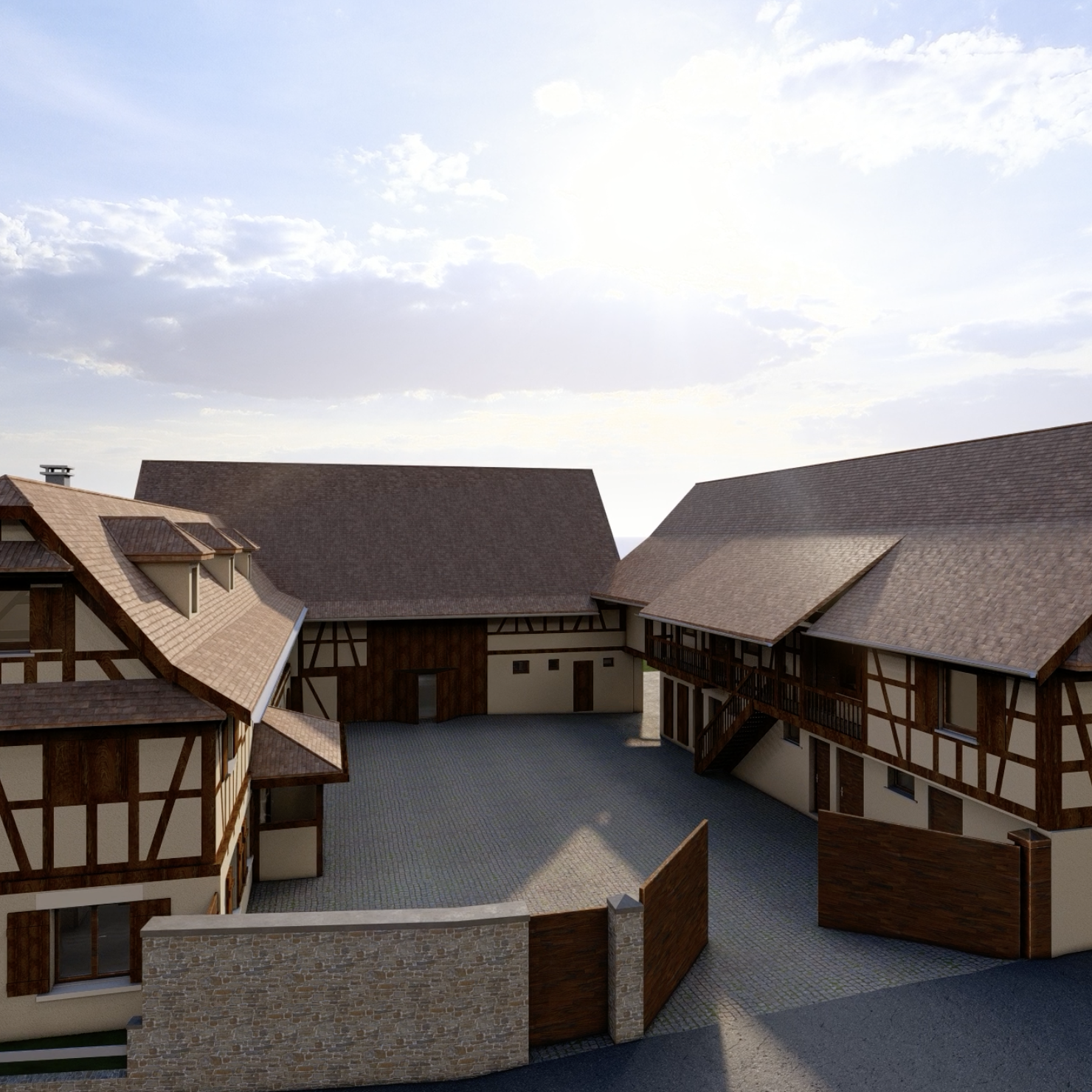 Modélisation 3D d'une ferme en alsace vue de face