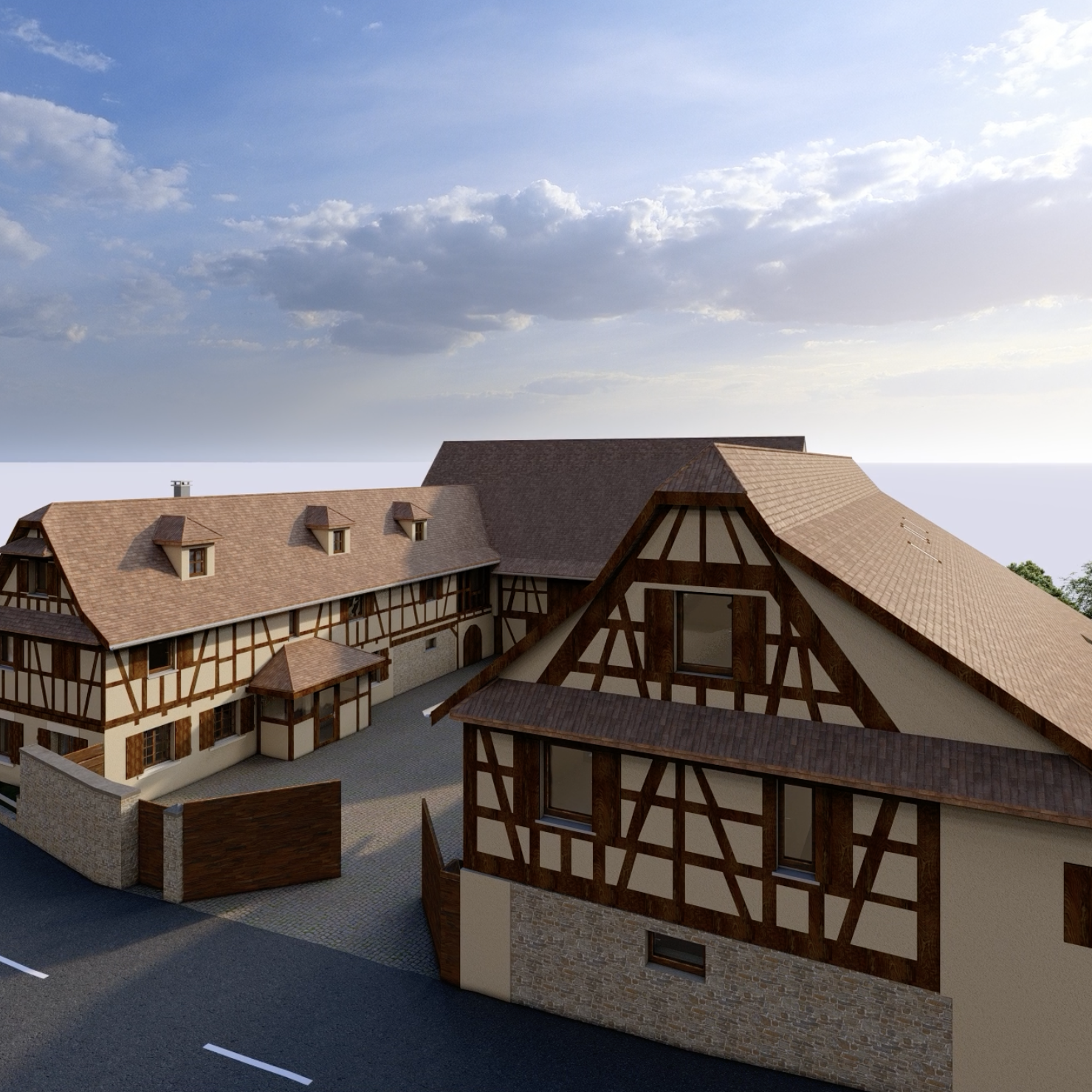 Modélisation 3D d'une ferme en alsace vue de haut