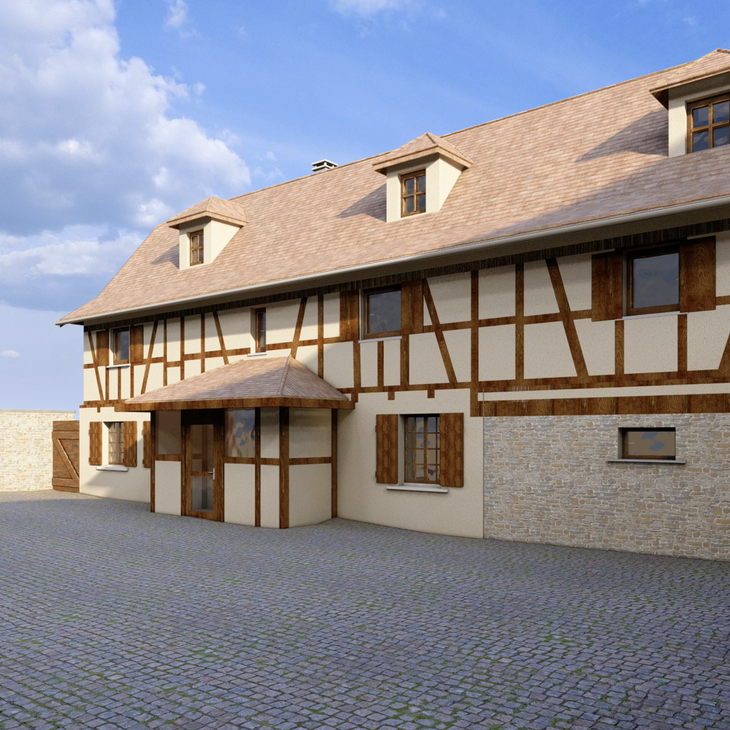 Modélisation 3D d'une ferme en alsace cour