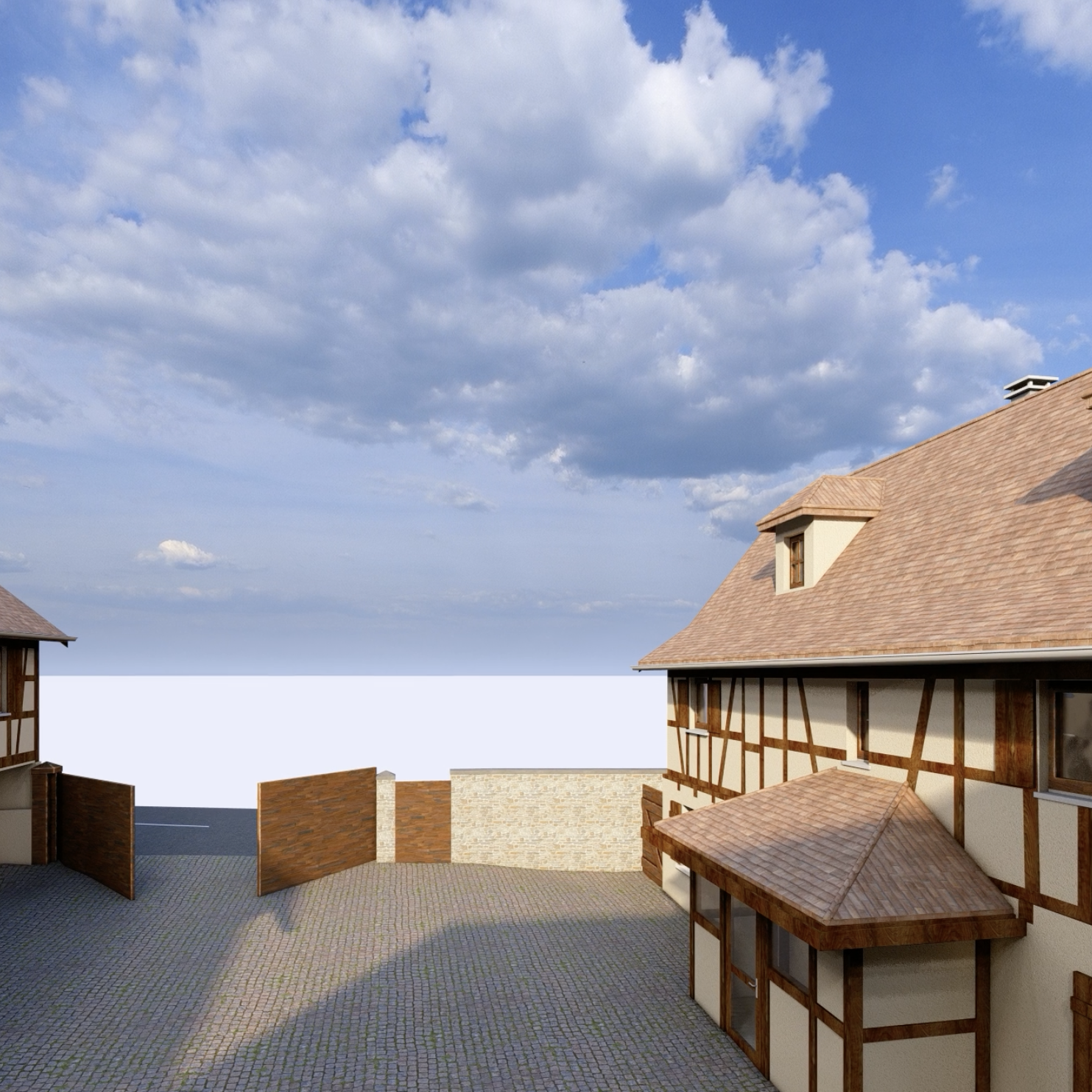 Modélisation 3D d'une ferme en alsace vue intérieure cour