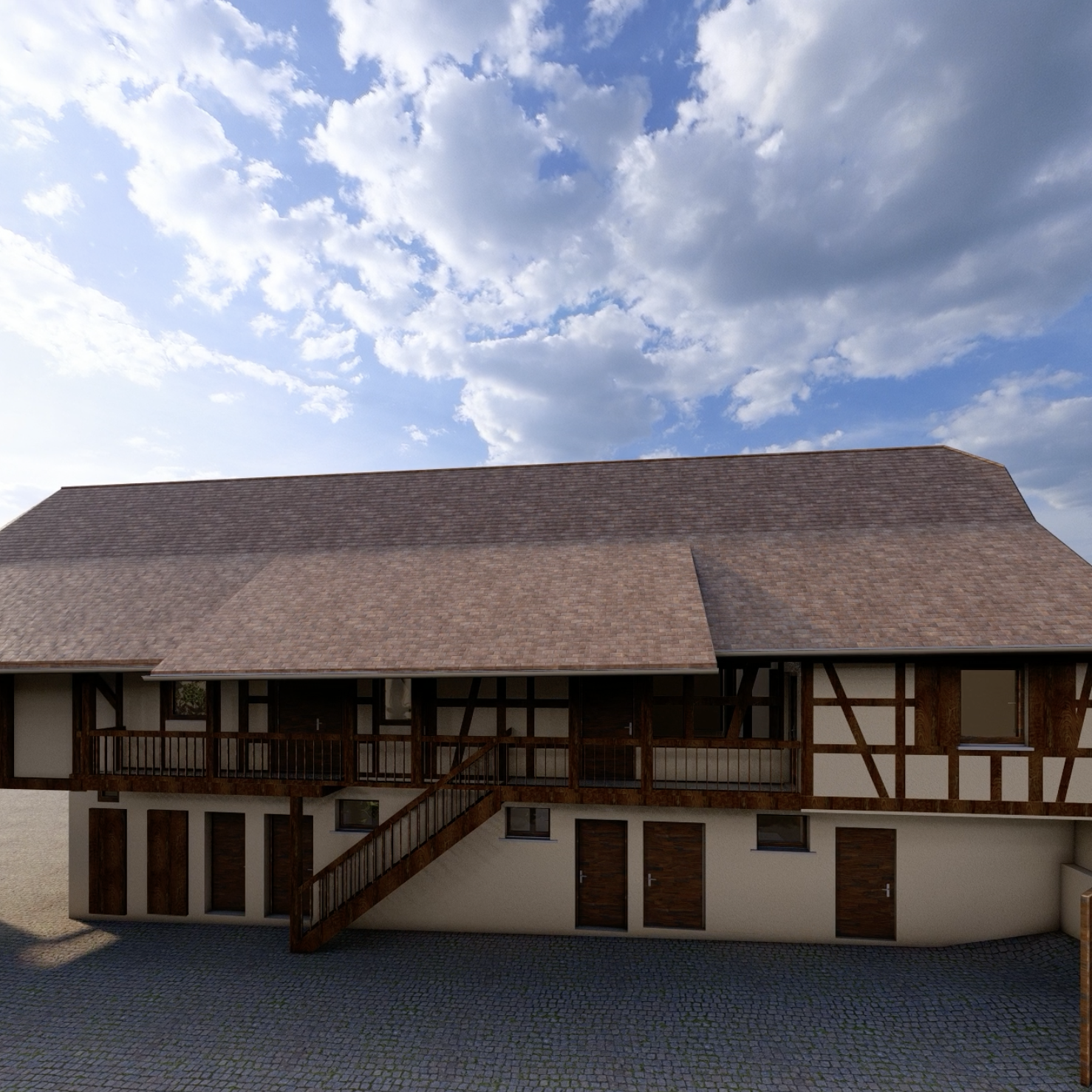 Modélisation 3D d'une ferme en alsace vue de côté