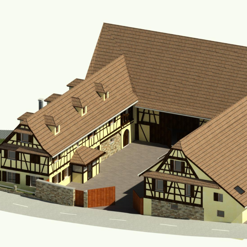 Modélisation 3D d'une ferme en alsace vue logiciel en hauteur